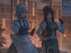  2girls apron bad_id bad_twitter_id beret blue_eyes bottle braid brand_name_imitation building chinese_clothes coca-cola cola drink glass_bottle green_headwear hat hat_ornament holding holding_bottle holding_drink holding_spoon hong_meiling izayoi_sakuya long_hair long_sleeves looking_at_another maid maid_apron maid_headdress mansion mikado_(winters) multiple_girls night outdoors puffy_sleeves red_hair scarlet_devil_mansion short_hair smile soda soda_bottle spoon star_(symbol) star_hat_ornament touhou twin_braids white_hair 