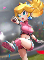  :o blonde_hair blue_eyes breasts commentary_request confetti crop_top crown earrings female gloves gonzarez highres jewelry kneehighs long_hair mario_(series) mario_strikers midriff navel open_mouth ponytail princess_peach socks solo sphere_earrings strikers_peach super_mario_strikers 