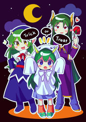  1boy 2girls absurdres blue_eyes commentary cosplay draco_centauros dragon_girl dragon_horns dragon_wings full_body green_hair highres horns korean_commentary lidelle_(puyopuyo) long_hair long_sleeves looking_at_viewer multiple_girls oerba_yun_fang offbeat pointy_ears puyopuyo puyopuyo_fever red_eyes satan_(puyopuyo) sleeves_past_wrists speech_bubble wings witch_(puyopuyo) witch_(puyopuyo)_(cosplay) yellow_eyes 