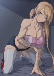  arm_support arm_under_breasts bare_shoulders belt blonde_hair breasts brown_belt cleavage closed_mouth collarbone commentary_request commission denim denim_shorts earrings eyebrows_hidden_by_hair female full_body green_eyes groin gundam gundam_tekketsu_no_orphans hair_between_eyes heart heart_earrings highres indoors jewelry kneeling lafter_frankland large_breasts long_hair looking_at_viewer midriff nail_polish no_shoes on_bed ozaneko pink_tank_top red_nails shadow shirt short_shorts shorts sidelocks skeb_commission skindentation smile solo strap_slip tank_top taut_clothes taut_shirt thighhighs twintails white_thighhighs 