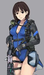  ar-15 assault_rifle bad_id bad_twitter_id black_eyes black_gloves blue_one-piece_swimsuit bodysuit breasts brown_hair cleavage diving_mask diving_suit female fingerless_gloves frogman gloves goggles grey_background gun highres holding holding_gun holding_weapon inactive_account kim_ji-yoon long_sleeves looking_at_viewer mole mole_under_eye one-piece_swimsuit rifle short_hair simple_background smile solo springsuit sudden_attack sudden_attack_2 swimsuit trigger_discipline wani_(perfect_han) weapon wetsuit 