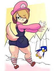  absurd_res adolescent anthro avian bird blackmore blonde_hair canid canine canis cliff clothed clothed_anthro clothed_male clothing daughter_(lore) domestic_dog female femboy footwear fur gloves hair handwear hat headgear headwear hi_res humor legwear looking_back male mammal mario_bros meme mountain niko_(pkfirefawx) nintendo overalls pattern_clothing pattern_footwear pattern_legwear pattern_socks penguin pkfirefawx snow socks solo striped_clothing striped_footwear striped_legwear striped_socks stripes thick_thighs tuxie_(mario) yellow_body yellow_fur young 