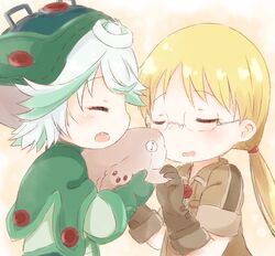  2girls araki495 blonde_hair brown_background brown_gloves brown_jacket closed_eyes collared_jacket commentary_request creature glasses gloves gradient_hair green_gloves green_hair green_headwear green_shirt holding jacket long_hair low_twintails made_in_abyss meinya_(made_in_abyss) multicolored_hair multiple_girls open_mouth prushka riko_(made_in_abyss) shirt short_sleeves teeth twintails upper_body upper_teeth_only white_hair 