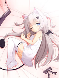  :o animal_ear_fluff animal_ears black_bow blue_eyes blush bow demon_tail demon_wings dress female fetal_position full_body grey_hair hair_ornament hairpin highres indie_virtual_youtuber long_hair looking_at_viewer lying mogura2009 nekoma_shiroa no_shoes off_shoulder on_side one_eye_closed short_dress sleepy sleeveless solo tail thighhighs two_side_up unworn_bow very_long_hair virtual_youtuber white_dress white_thighhighs wings zettai_ryouiki 