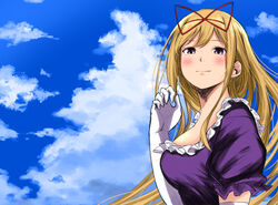  bad_id bad_twitter_id blonde_hair blush cloud day female from_side gloves highres light_smile long_hair looking_at_viewer no_headwear purple_eyes sen_(daydream_53) sky solo touhou upper_body white_gloves yakumo_yukari 