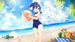  ball beach beachball bird blue_hair blush crop_top date_a_live date_a_live:_spirit_pledge day female food fruit highres holding holding_ball mole mole_under_eye ocean one-piece_swimsuit one_eye_closed open_mouth outdoors parfait pineapple ponytail school_swimsuit school_uniform seagull sidelocks smile solo standing swimsuit takamiya_mana watermelon yellow_eyes 