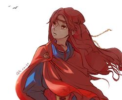  bad_id bad_twitter_id bird brown_eyes cape circlet dress female gensou_suikoden gensou_suikoden_i long_hair looking_to_the_side odessa_silverberg ranco red_hair simple_background solo white_background 