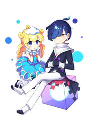  1boy absurdres black_footwear blonde_hair blue_eyes commentary female full_body gloves hair_over_one_eye highres korean_commentary long_hair looking_at_another marle_(puyopuyo) offbeat pants pantyhose puyopuyo puyopuyo_tetris short_hair squares_(puyopuyo) white_gloves white_legwear white_pants 