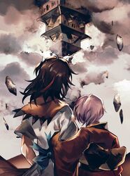  2girls architecture back_bow black_hair blue_bow bow building cloud east_asian_architecture from_behind grey_horns horns japanese_clothes kabocha1408 kijin_seija kimono long_sleeves multicolored_hair multiple_girls purple_hair red_hair red_kimono shining_needle_castle shirt short_hair short_sleeves small_horns streaked_hair sukuna_shinmyoumaru touhou upper_body white_shirt 