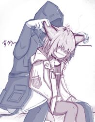  1other ahoge ambiguous_gender animal_ears arknights bad_id bad_pixiv_id boots choker chrocatz coat commentary_request cropped_legs doctor_(arknights) faceless faceless_female feet_out_of_frame female fox_ears fox_girl fox_tail gloves highres hood hood_up mask material_growth monochrome no_eyes oripathy_lesion_(arknights) pantyhose rubbing_ears short_hair simple_background sitting sussurro_(arknights) tail 