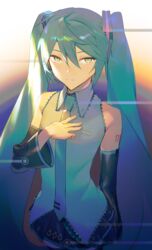  absurdres agyou_sonokou_l aqua_eyes aqua_hair aqua_neckwear arm_behind_back bare_shoulders black_skirt black_sleeves commentary cowboy_shot detached_sleeves electric_angel_(vocaloid) expressionless female grey_shirt hair_ornament hand_on_own_chest hatsune_miku highres long_hair looking_at_viewer miniskirt necktie pleated_skirt shirt shoulder_tattoo sidelighting skirt sleeveless sleeveless_shirt solo standing tattoo thighhighs twintails very_long_hair vocaloid 