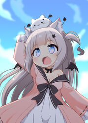  :d absurdres animal_ear_fluff animal_ears animal_on_head black_bow black_choker blue_eyes blush bow bow_choker breasts cat_on_head choker cleavage cowboy_shot demon_wings dress dress_bow feline female grey_hair hair_ornament hairpin hand_up highres indie_virtual_youtuber long_hair long_sleeves mogura2009 multicolored_clothes multicolored_dress nekoma_shiroa oerba_yun_fang off_shoulder on_head pink_dress simple_background small_breasts smile solo standing two_side_up very_long_hair virtual_youtuber white_dress wings 