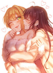  2girls ahoge bare_shoulders blonde_hair blush brown_hair closed_eyes earrings facing_another fur_sweater green_eyes heart hug ichinose_shiki idolmaster idolmaster_cinderella_girls jewelry lazy_lazy_(idolmaster) long_hair long_sleeves mika_(1020mk) miyamoto_frederica multiple_girls off-shoulder_sweater off_shoulder one_eye_closed open_mouth sleeves_past_wrists smile sweater upper_body white_background yuri 