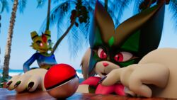  16:9 3d_(artwork) 4k absurd_res anthro artemis_bee arthropod beach_background bee breasts clothed clothing digital_media_(artwork) duo female fur gem generation_9_pokemon green_body green_fur hi_res honey_bee hymenopteran insects meowscarada nintendo pokeball pokemon pokemon_(species) sfxlompad widescreen 