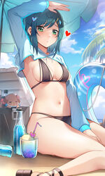  :/ aqua_hair arm_up armpits beach between_legs bikini black_bikini blue_sky blush bottle breasts cloud commentary condensation cooler day delicious_party_precure drink drinking_straw female fuwa_kokone green_eyes groin hair_ornament hairclip hand_between_legs heart heart_hair_ornament highleg highleg_bikini highres innertube long_sleeves looking_at_viewer medium_breasts micro_bikini multi-strapped_bikini outdoors palm_tree pam-pam_(precure) precure print_innertube raised_eyebrows rumo sandals shading_eyes shrug_(clothing) sitting sky solo sweat swept_bangs swim_ring swimsuit thighs tree 