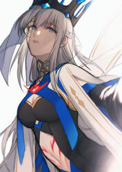  absurdres bad_id bad_twitter_id black_dress blue_eyes braid breasts cleavage cleavage_cutout clothing_cutout commentary crown dress english_commentary fate/grand_order fate_(series) female hair_between_eyes highres long_bangs long_hair morgan_le_fay_(fate) navel navel_cutout platinum_blonde_hair simple_background solo stomach_cutout stomach_tattoo tattoo veil white_background yorukun 