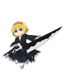  alice_margatroid black_kimono bleach blue_eyes blush closed_mouth cookie_(touhou) cosplay expressionless female frilled_hairband frills full_body geta hairband highres hisuisyo9 holding holding_sword holding_weapon ichigo_(cookie) japanese_clothes kimono kurosaki_ichigo kurosaki_ichigo_(cosplay) looking_at_viewer name_connection red_hairband short_hair simple_background solo sword tabi touhou weapon white_background white_legwear wide_sleeves zangetsu_(shikai) 