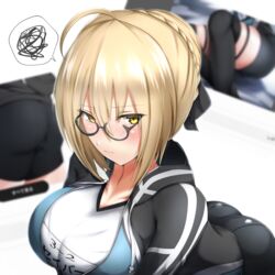  ahoge artoria_pendragon_(fate) ass bike_shorts black-framed_eyewear black_jacket black_shorts black_thighhighs blonde_hair blush braid breasts choker closed_mouth collarbone commentary_request fate/grand_order fate_(series) female french_braid glasses gym_uniform hair_between_eyes highres jacket large_breasts looking_at_viewer mysterious_heroine_x_alter_(fate) mysterious_heroine_x_alter_(second_ascension)_(fate) off_shoulder open_clothes open_jacket semi-rimless_eyewear shirt short_hair shorts sidelocks solo spoken_squiggle squiggle thighhighs thighs tiri_man under-rim_eyewear white_shirt yellow_eyes 