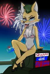  4th_of_july american_flag_bikini anthro army army_hat big_breasts bikini blush breasts canid canine clothing eyewear female fireworks flag_bikini footwear fox glasses hi_res high_heels holidays lt._fox_vixen mammal mirashefreak03 sek_studio solo squirrel_and_hedgehog swimwear tongue tongue_out underwear 