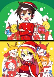  6+boys 6+girls absurdres bad_id bad_pixiv_id black_eyes blonde_hair blue_eyes blush brown_hair christmas commentary dj_yellow drum_samurai hat highres korean_commentary long_hair looking_at_viewer mds_(rhythm_tengoku) multiple_boys multiple_girls oerba_yun_fang offbeat open_mouth rap_men rap_women red_headwear rhythm_tengoku rockers_(rhythm_tengoku) santa_costume santa_hat smile so&#039;ra student_(rhythm_tengoku) 