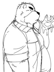  2015 anthro bear belly black_and_white black_bear claws clothing hand_lick jacket juuichi_mikazuki kotobuki529 licking male mammal monochrome moon_bear morenatsu overweight overweight_anthro overweight_male shirt solo tongue tongue_out topwear ursine 