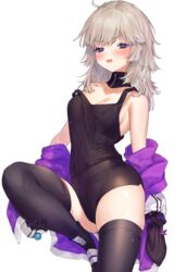  aa-12_(girls&#039;_frontline) ahoge bad_id bad_pixiv_id bags_under_eyes bare_shoulders black_footwear black_shorts black_thighhighs blue_eyes blush breasts candy choker cleavage collarbone commentary contrapposto detached_collar female food girls&#039;_frontline grey_hair half-closed_eyes hand_on_own_knee holding jacket knee_up leg_lift lifting_own_clothes lollipop long_hair looking_at_viewer medium_breasts messy_hair no_bra off_shoulder open_clothes open_mouth purple_jacket shoes short_shorts shorts simple_background skindentation sneakers solo star_(symbol) strap_slip striped symbol-only_commentary thighhighs thighs tongue tongue_out uhhgaoh white_background white_jacket zipper_pull_tab 