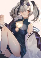  animal_ears arknights bad_id bad_pixiv_id bare_shoulders black_hair blue_dress breasts brown_eyes cleavage cleavage_cutout clenched_hand clothing_cutout commentary dress eyewear_on_head feater_(arknights) female grey_background hair_over_one_eye jacket large_breasts multicolored_hair off_shoulder open_clothes open_jacket panda_ears rotmico short_dress simple_background solo streaked_hair sunglasses thighs white_hair 