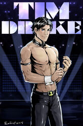  1boy armband artist_name bara batman_(series) belt black_belt black_hair black_pants character_name chippendales closed_mouth dc_comics evinist highres magic_mike male_focus male_stripper muscular muscular_male pants pectorals short_hair smile solo tim_drake topless_male wrist_cuffs 