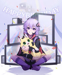  absurdres bad_id bad_pixiv_id black_shorts black_sweater confetti female grin hair_ornament han_seryun_(2hbpencil) happy_birthday headset highres horn_speaker indian_style kneehighs long_hair long_sleeves looking_at_viewer microphone monitor multiple_monitors photoshop_(medium) public_address_system purple_hair purple_socks short_shorts shorts sitting smile socks solo speaker sweater vocaloid voiceroid yuzuki_yukari 