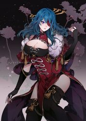  absurdres artist_name bangs beidou_(genshin_impact) beidou_(genshin_impact)_(cosplay) black_gloves black_legwear blue_eyes blue_hair breasts byleth_(fire_emblem) byleth_(fire_emblem)_(female) cleavage cleavage_cutout clothing_cutout commentary commission cosplay dress elbow_gloves english_commentary eyepatch female fingerless_gloves fire_emblem fire_emblem:_three_houses fur_trim genshin_impact gloves hair_between_eyes hair_ornament hair_stick hand_up highres large_breasts long_hair looking_away misshao_00 parted_lips red_dress solo standing thighhighs 