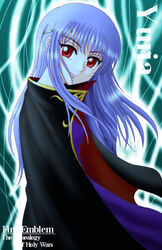  black_cloak blue_hair character_name circlet cloak commentary_request copyright_name dark_persona dress female fire_emblem fire_emblem:_genealogy_of_the_holy_war hissaa_(starlight_express) julia_(fire_emblem) long_hair looking_at_viewer partial_commentary purple_dress red_eyes solo very_long_hair 