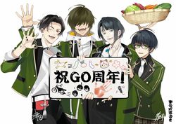  4boys anniversary black_gloves black_hair blue_eyes buzen_gou cabbage carrot commentary_request eggplant fangs food glasses gloves goggles green_eyes green_jacket hair_over_eyes hood hooded_jacket ink jacket kotegiri_gou kuwana_gou_(touken_ranbu) male_focus matsui_gou mole mole_on_neck mole_under_eye multiple_boys nitaka_(fujikichi) official_art open_mouth pale_skin pun red_eyes smile tomato touken_ranbu upper_body vegetable waving 