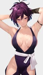  armband armlet armpits bare_shoulders black_armband blush breasts center_opening cleavage closed_mouth female highres hip_vent japanese_clothes jigokuraku kameponde kimono large_breasts looking_at_viewer ninja ninjatou presenting_armpit purple_eyes purple_hair purple_kimono revealing_clothes sash short_sword suggestive_fluid sword thighs weapon white_sash wrist_guards yuzuriha_(jigokuraku) 