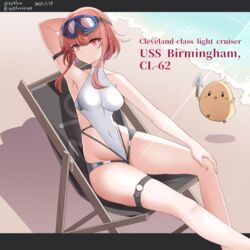  arm_strap azur_lane bare_shoulders beach birmingham_(azur_lane) birmingham_(to_where_the_wind_blows)_(azur_lane) breasts character_name character_request copyright_request english_text eyewear_on_head female goggles goggles_on_head hebitsukai-san manjuu_(azur_lane) medium_breasts medium_hair official_alternate_costume one-piece_swimsuit red_eyes red_hair sand short_hair_with_long_locks swimsuit thigh_strap thighs 