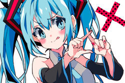  3774. aqua_eyes aqua_hair aqua_necktie bare_shoulders black_sleeves commentary detached_sleeves female grey_shirt hair_ornament hands_up hatsune_miku head_tilt long_hair necktie red_nails shirt sleeveless sleeveless_shirt smile solo tongue tongue_out twintails upper_body v-shaped_eyebrows very_long_hair vocaloid white_background x x_fingers 