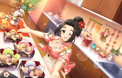  apron artist_request black_hair blush blush_stickers breasts cameo character-themed_food daruma_doll ebihara_naho eyebrows female floral_print flower food fujii_tomo green_eyes hair_flower hair_ornament hattori_toko idolmaster idolmaster_cinderella_girls idolmaster_cinderella_girls_starlight_stage ikebukuro_akiha imura_setsuna japanese_clothes katagiri_sanae kimono kitchen kohinata_miho looking_at_viewer mifune_miyu mimura_kanako munakata_atsumi official_art ohara_michiru one_eye_closed open_mouth sash shinohara_rei shirasaka_koume smile solo sparkle sugisaka_umi table utensil_rack wakui_rumi yanagi_kiyora 