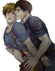  2boys arms_behind_back black_hair black_pants black_shirt blue_shirt blush bound bound_wrists brown_hair brown_pants clothes_lift couple cuffs free! green_eyes handcuffs high_speed! lifting_another&#039;s_clothes looking_at_another male_focus mistermagnolia multiple_boys open_mouth pants parted_lips police police_uniform policeman sexually_suggestive shirt shirt_lift short_hair suspenders sweat tachibana_makoto uniform yamazaki_sousuke yaoi 