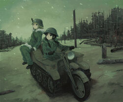  2girls black_hair blonde_hair blue_eyes brodie_helmet chito_(shoujo_shuumatsu_ryokou) combat_helmet commentary driving fur_trim gloves gun gun_on_back helmet kensight328 kettenkrad md5_mismatch military military_uniform multiple_girls outdoors rifle ruins shoujo_shuumatsu_ryokou sitting snowing twintails uniform weapon weapon_on_back yuuri_(shoujo_shuumatsu_ryokou) 