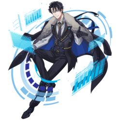  1boy belt black_eyes black_footwear black_gloves black_hair black_pants coat exe2045 full_body fur_trim gloves gold_trim holographic_interface invisible_chair komiya_kuniharu male_focus necktie official_art one_eye_closed pants s1=r06 sitting smile solo transparent_background 