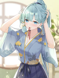  adjusting_hair alternate_costume amco blue_eyes blue_hair blue_hakama blue_kimono blue_skirt blurry blush bokeh breasts closed_mouth commentary cowboy_shot depth_of_field female floral_print genshin_impact hair_tie_in_mouth hair_tubes hakama hakama_skirt highres indoors japanese_clothes kamisato_ayaka kimono leaf_print light_blue_hair looking_at_viewer medium_breasts medium_hair mole mole_under_eye mouth_hold pleated_skirt ponytail red_ribbon ribbon sidelocks skirt solo sunlight tying_hair window 