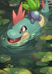  air_bubble bubble commentary_request croconaw highres lily_pad lotad no_humans oddish open_mouth outdoors pokemon pokemon_(creature) red_eyes riding riding_pokemon ripples sitting swimming tesshii_(riza4828) tongue water 