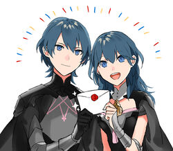  1boy armor blue_eyes blue_hair byleth_(female)_(fire_emblem) byleth_(fire_emblem) byleth_(male)_(fire_emblem) closed_mouth commentary_request envelope female fire_emblem fire_emblem:_three_houses holding menoko open_mouth protected_link short_hair simple_background smash_ball smash_invitation super_smash_bros. upper_body wax_seal white_background 