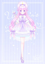  animal_ears bare_shoulders blue_background blunt_bangs blush bow closed_mouth clothing_cutout commentary_request double_bun dress earrings female full_body gloves hair_bun highres himetsuki_luna holding holding_wand horns horse_ears jewelry long_hair original pink_hair puffy_short_sleeves puffy_sleeves purple_bow purple_dress purple_eyes purple_footwear shoes short_sleeves shoulder_cutout single_horn smile solo standing star_(symbol) star_earrings striped striped_background unicorn_girl vertical_stripes very_long_hair wand white_gloves 