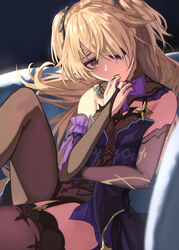  absurdres bare_shoulders blonde_hair bow bowtie bridal_gauntlets commentary_request eyepatch female fischl_(genshin_impact) genshin_impact gloves green_eyes grey_gloves grey_thighhighs hair_over_one_eye head_tilt highres kuro_shiraga long_hair looking_at_viewer purple_bow purple_bowtie sitting solo thigh_strap thighhighs two_side_up very_long_hair 