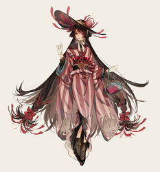  brown_background brown_footwear brown_hair brown_hat closed_mouth commentary_request female floral_print flower full_body gloves hat hat_flower higanbana_(onmyoji) japanese_clothes kimono long_hair looking_at_viewer low-tied_long_hair name_connection obi object_namesake onmyoji onmyoji:_the_card_game pink_flower red_eyes red_kimono sash simple_background solo spider_lily spider_lily_print striped_clothes striped_kimono tassel tsubonari very_long_hair white_gloves 