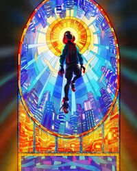  1boy belt bodysuit city commentary devin_elle_kurtz english_commentary gloves looking_up male_focus marvel mask pants photoshop_(medium) shoelaces shoes sneakers spider-man:_into_the_spider-verse spider-man_(miles_morales) spider-man_(series) spider-verse stained_glass sun superhero_costume uniform watermark web_address 