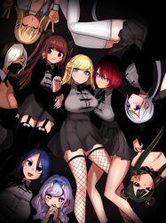  6+girls absurdres alice_lendrott black_background black_jacket black_skirt blonde_hair blue_eyes blue_hair breasts brown_hair caph cleavage closed_eyes closed_mouth cross-shaped_pupils daleth_(shinigami_bocchan_to_kuro_maid) dark-skinned_female dark_skin dot_mouth double_bun double_v earrings fishnet_thighhighs fishnets green_eyes green_hair grey_shirt hair_bun highres horns inoue_koharu jacket jewelry keto_(shinigami_bocchan_to_kuro_maid) light_purple_hair long_hair looking_at_viewer lying mask mouth_mask multiple_girls official_art on_back on_side oni_horns open_clothes open_jacket purple_eyes red_eyes red_hair shinigami_bocchan_to_kuro_maid shirt short_hair skirt stitched_face stitches symbol-shaped_pupils teto_(shinigami_bocchan_to_kuro_maid) thighhighs tongue tongue_out two_side_up v viola_(shinigami_bocchan_to_kuro_maid) white_hair 