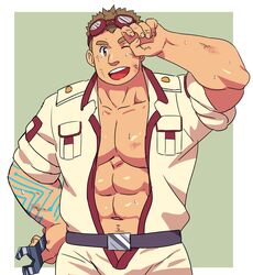  1boy abs bara blush bulge dirty dirty_face goggles goggles_on_head highres jumpsuit kajiya_kurogane looking_at_viewer male_focus mechanic muscular muscular_male navel navel_hair open_clothes open_shirt overalls pectoral_cleavage pectorals ruizu_(takakisan503) short_hair sleeves_rolled_up smile solo stomach sweat tokyo_afterschool_summoners 