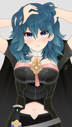  armor arms_up blue_eyes blue_hair byleth_(female)_(fire_emblem) byleth_(fire_emblem) cape clothing_cutout dagger female fire_emblem fire_emblem:_three_houses hands_in_hair highres knife louis_lloyd-judson md5_mismatch medium_hair navel navel_cutout sheath sheathed simple_background solo upper_body weapon 