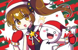  2girls bad_id bad_pixiv_id blonde_hair blush brown_eyes brown_hair chorus_man christmas commentary gloves hat highres idol_(rhythm_tengoku) korean_commentary long_hair looking_at_viewer multiple_girls offbeat open_mouth red_gloves rhythm_tengoku santa_costume santa_hat side_ponytail smile synchro_(rhythm_tengoku) 